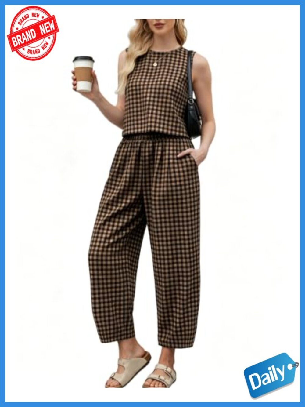 Women's Cotton Gingham 2-Piece Sleeveless Tank & Wide-Leg Pants Set Summer